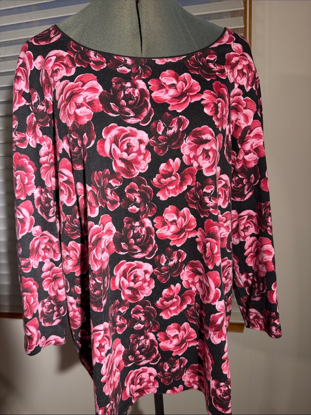 Women’s Pink Floral Boatneck Long Sleeve Top - Black Background Size 3X